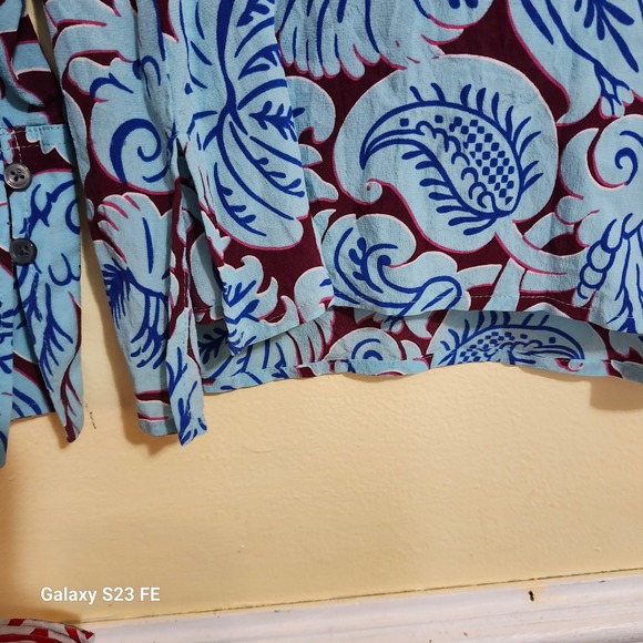 J Crew Womens Med Silk Tunic Top  Aqua Paisley Print Band Collar Long Sleeves - Picture 6 of 8